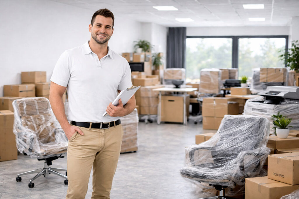 firmenumzug-stuttgart-umzugshelfer Transport von Büromöbeln beim Firmenumzug in Stuttgart